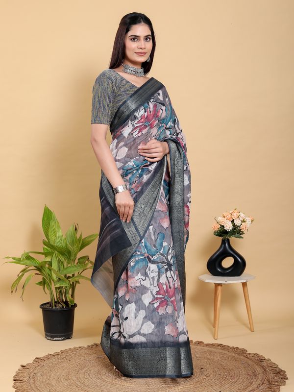 Grey Floral Printed Linen Cotton Saree with Jacquard Border