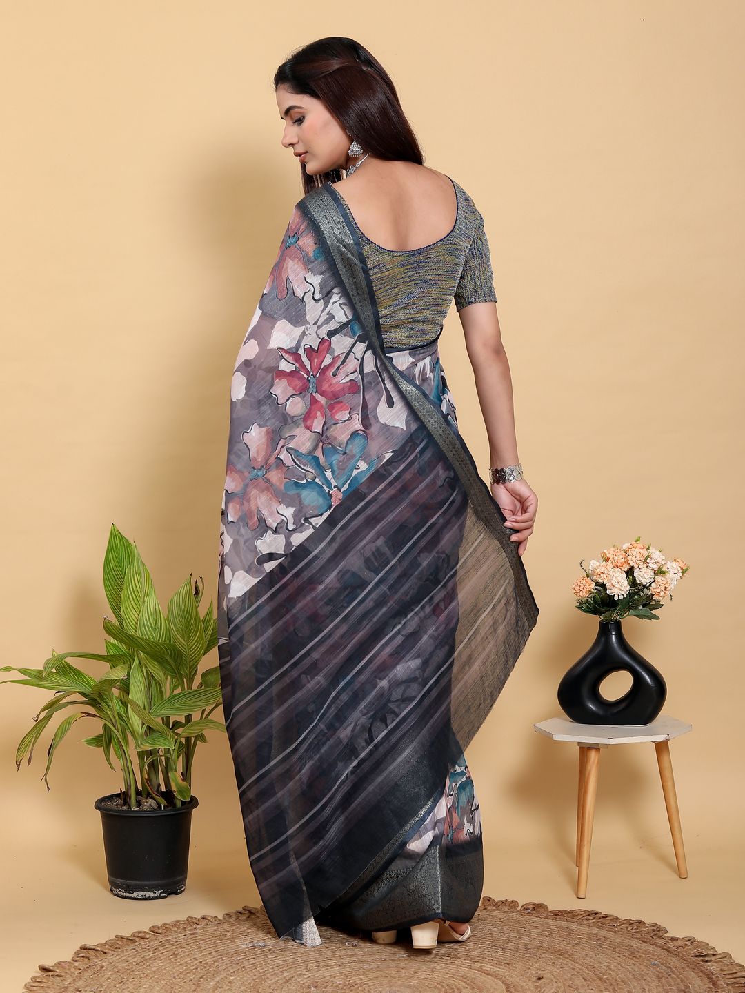 Grey Floral Printed Linen Cotton Saree with Jacquard Border