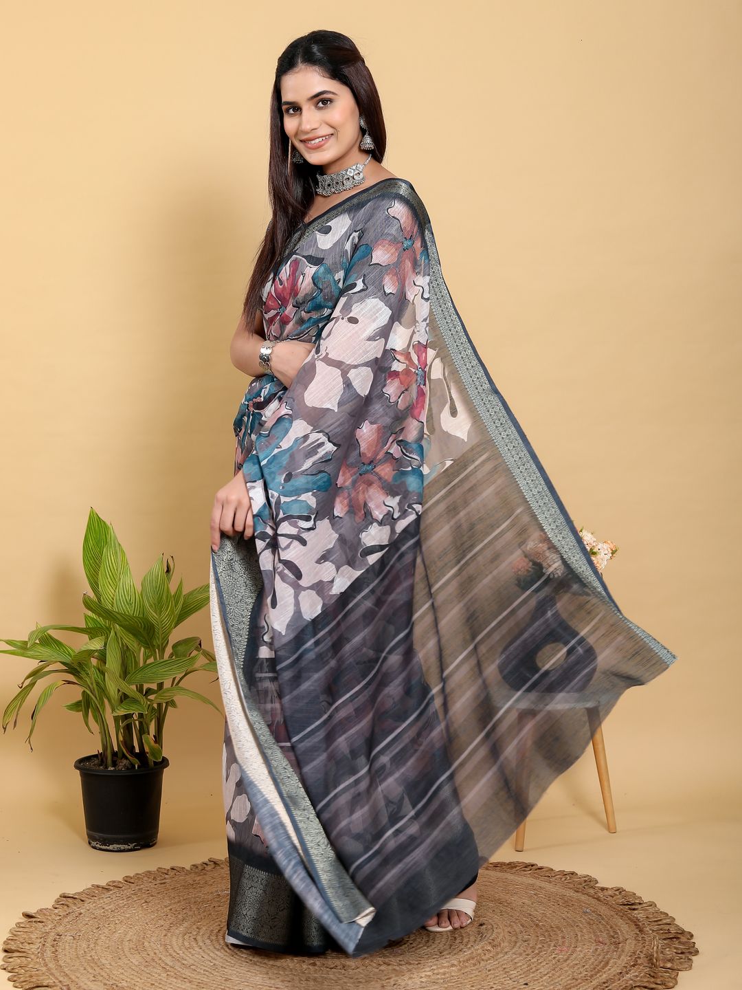 Grey Floral Printed Linen Cotton Saree with Jacquard Border