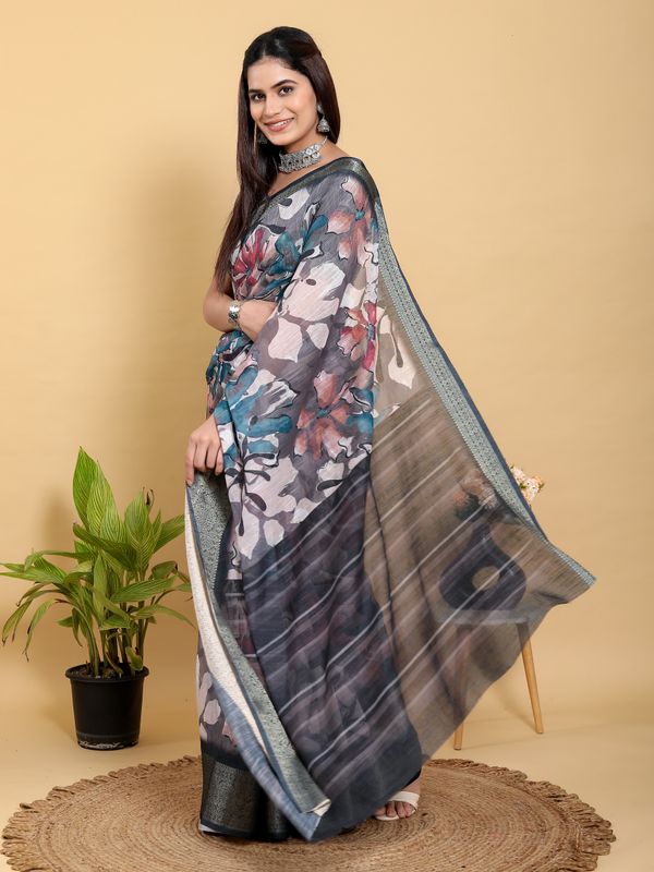 Grey Floral Printed Linen Cotton Saree with Jacquard Border