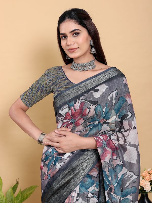 Grey Floral Printed Linen Cotton Saree with Jacquard Border