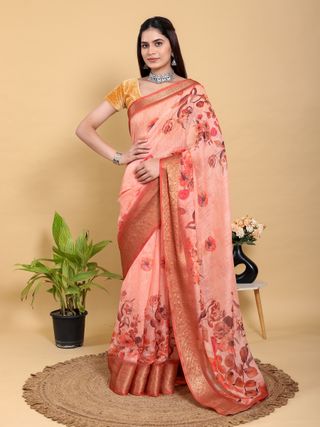Peach Floral Linen Cotton Saree with Woven Jacquard Borders