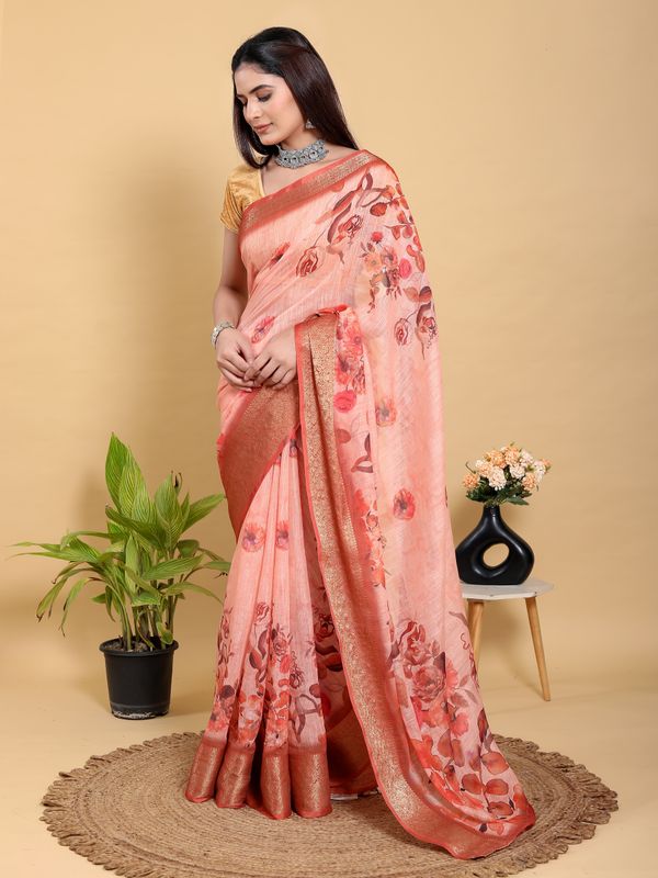 Peach Floral Linen Cotton Saree with Woven Jacquard Borders
