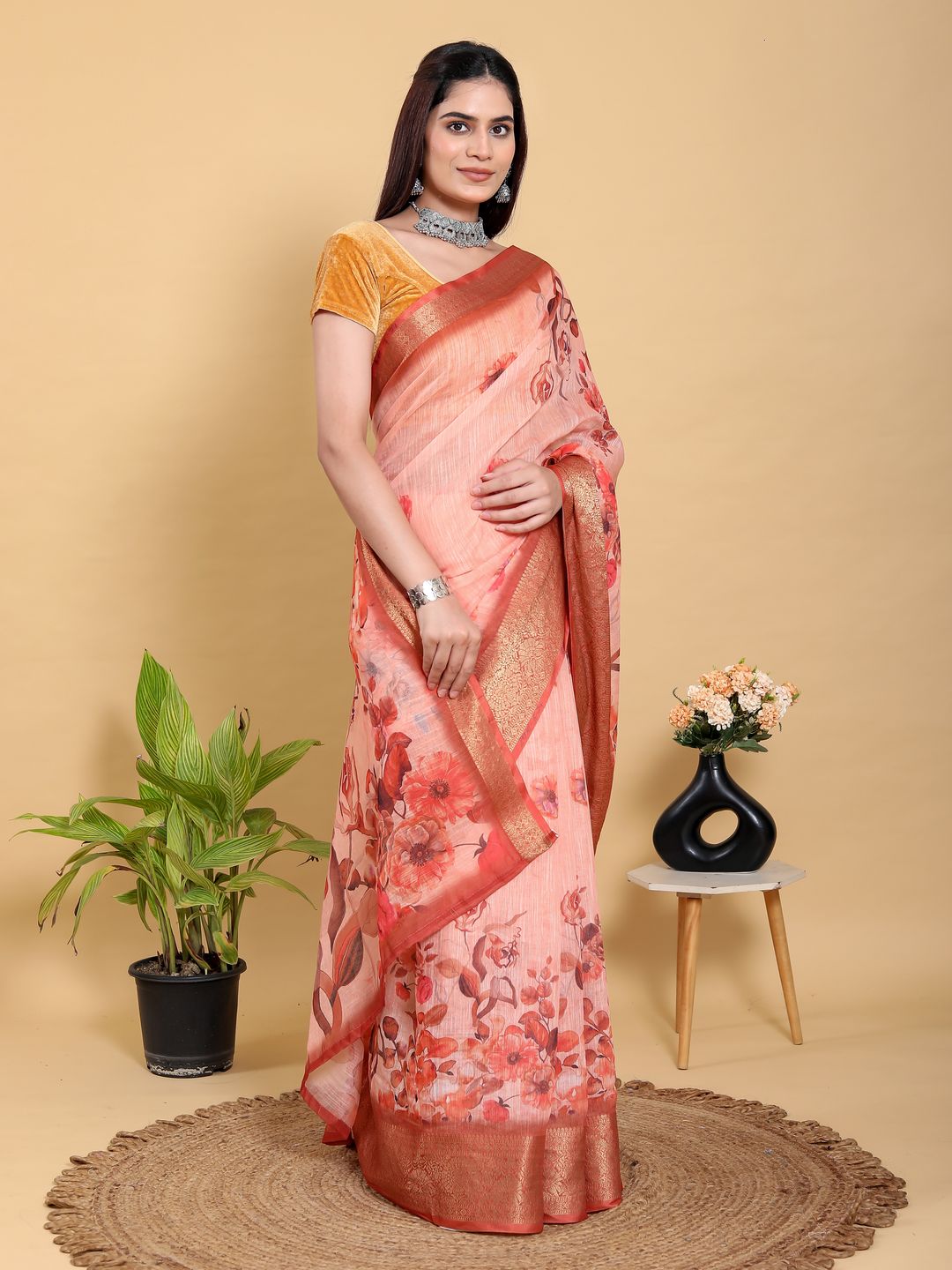 Peach Floral Linen Cotton Saree with Woven Jacquard Borders