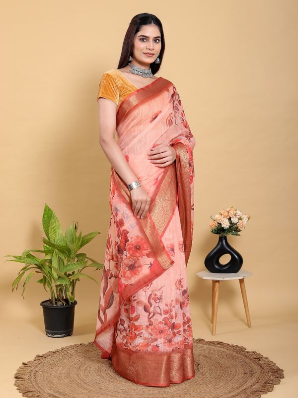 Peach Floral Linen Cotton Saree with Woven Jacquard Borders