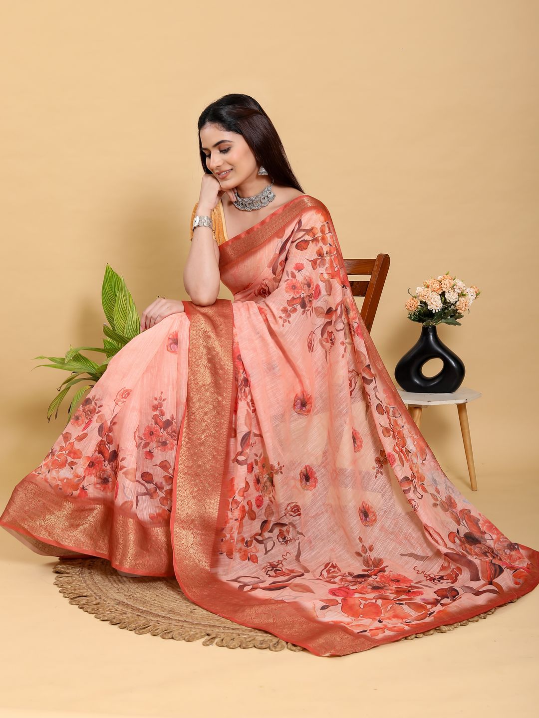 Peach Floral Linen Cotton Saree with Woven Jacquard Borders