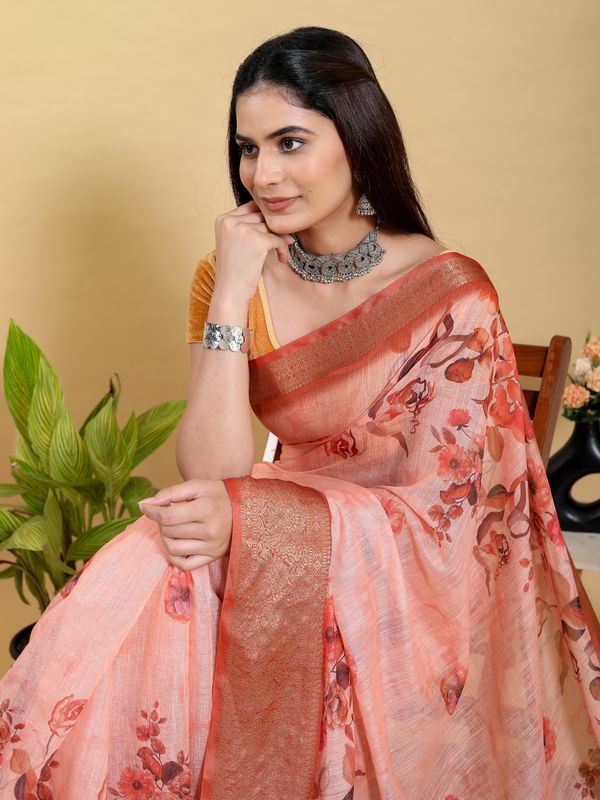 Peach Floral Linen Cotton Saree with Woven Jacquard Borders