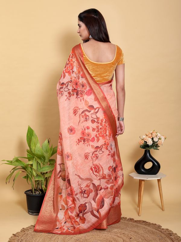 Peach Floral Linen Cotton Saree with Woven Jacquard Borders