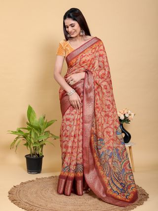 Elegant Peach Linen Cotton Saree with Artistic Floral Print