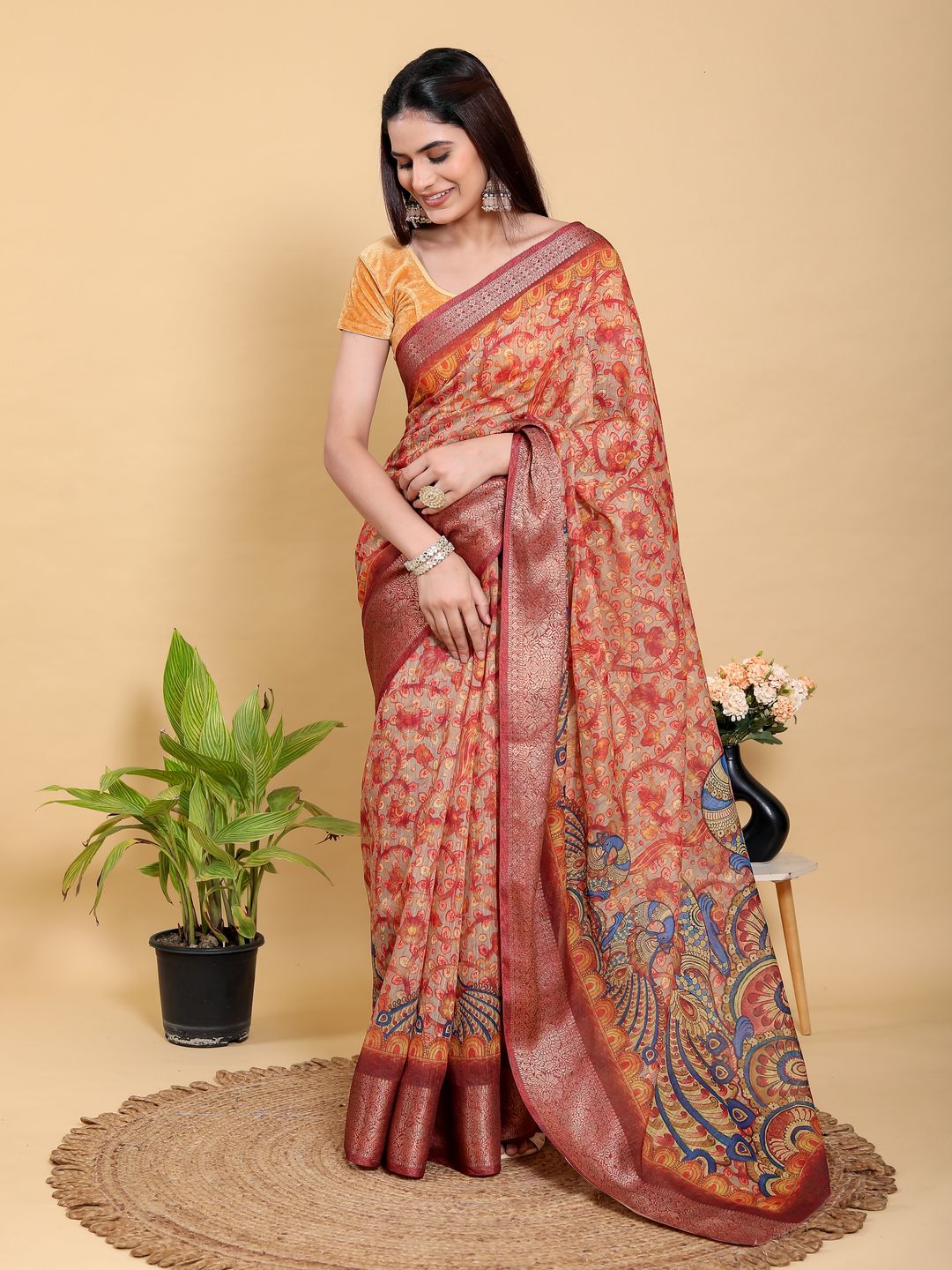 Elegant Peach Linen Cotton Saree with Artistic Floral Print