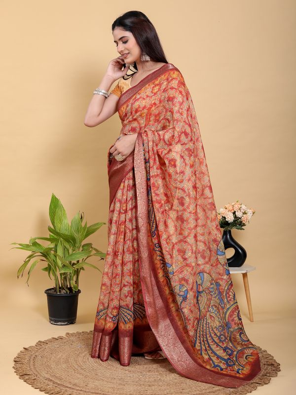 Elegant Peach Linen Cotton Saree with Artistic Floral Print