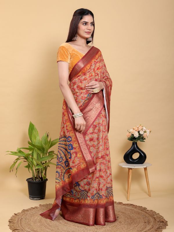 Elegant Peach Linen Cotton Saree with Artistic Floral Print