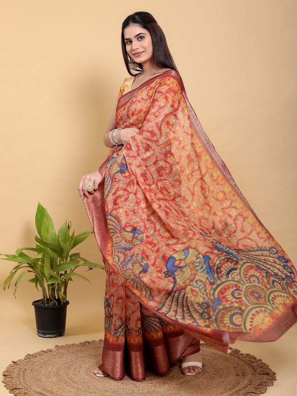 Elegant Peach Linen Cotton Saree with Artistic Floral Print