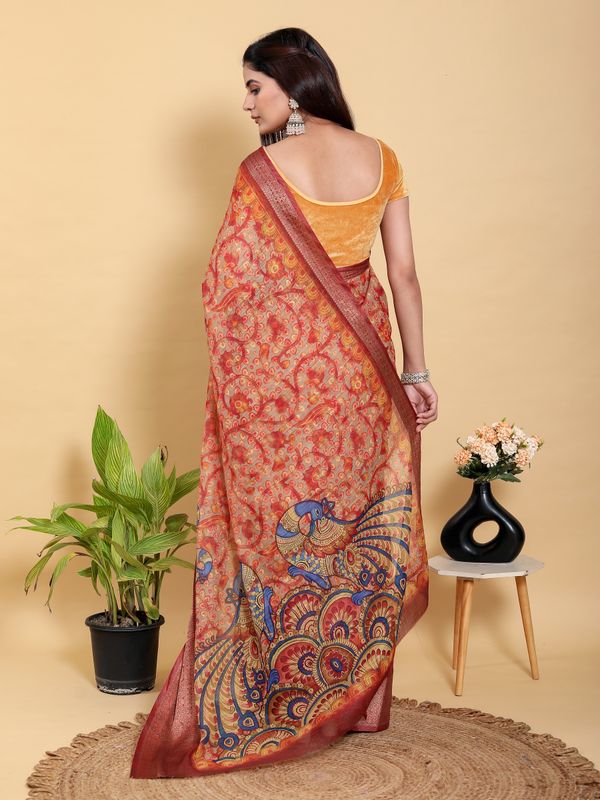 Elegant Peach Linen Cotton Saree with Artistic Floral Print