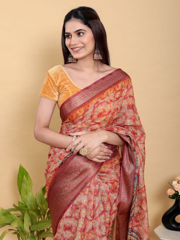Elegant Peach Linen Cotton Saree with Artistic Floral Print