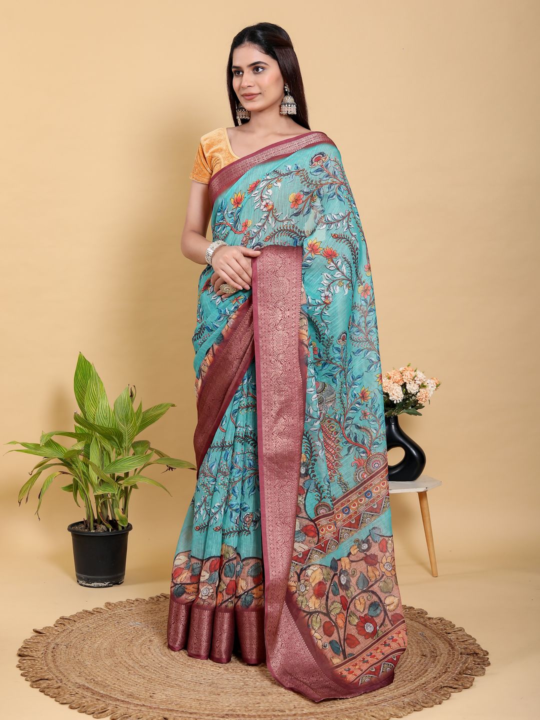 Teal Floral Linen Cotton Saree with Maroon Jacquard Border