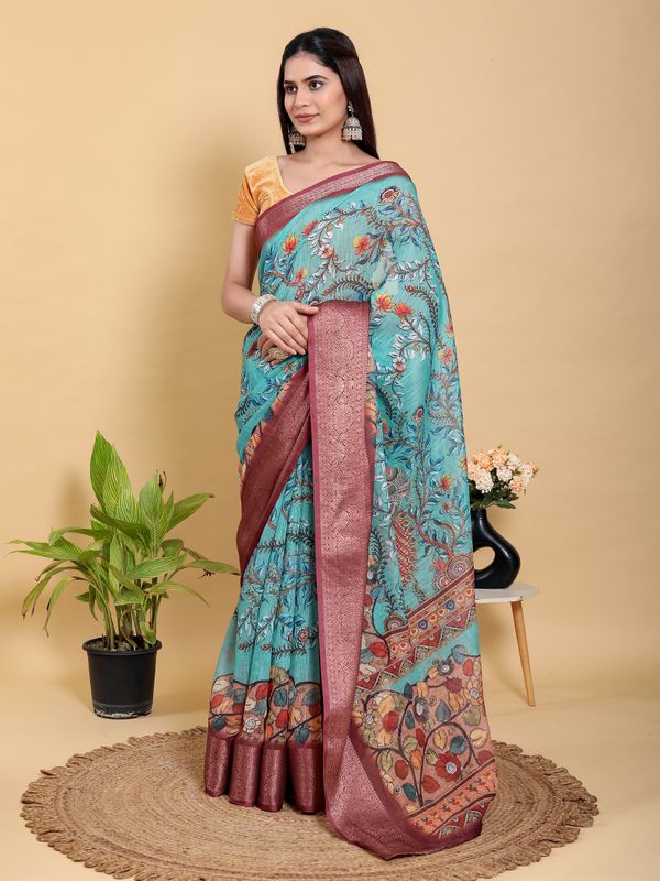 Teal Floral Linen Cotton Saree with Maroon Jacquard Border