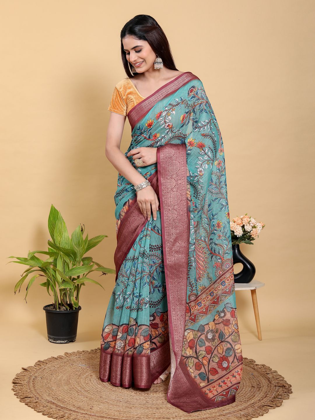 Teal Floral Linen Cotton Saree with Maroon Jacquard Border