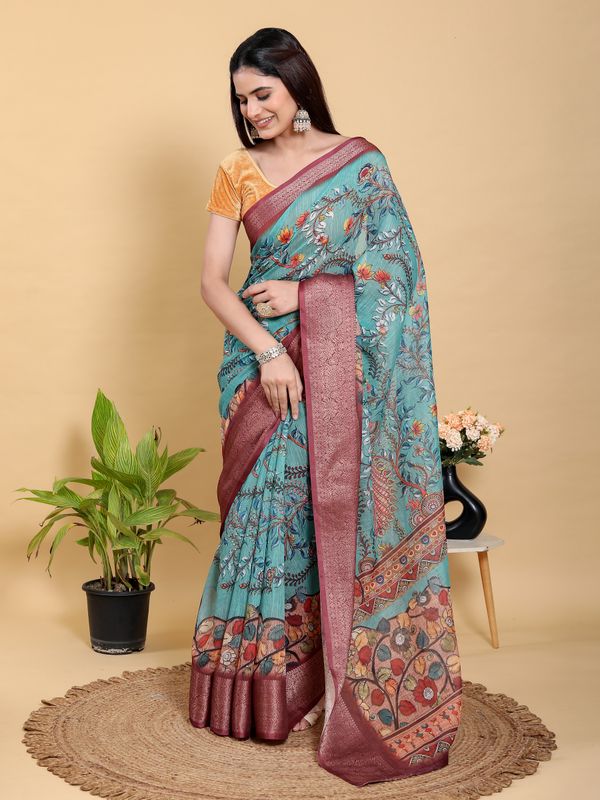 Teal Floral Linen Cotton Saree with Maroon Jacquard Border