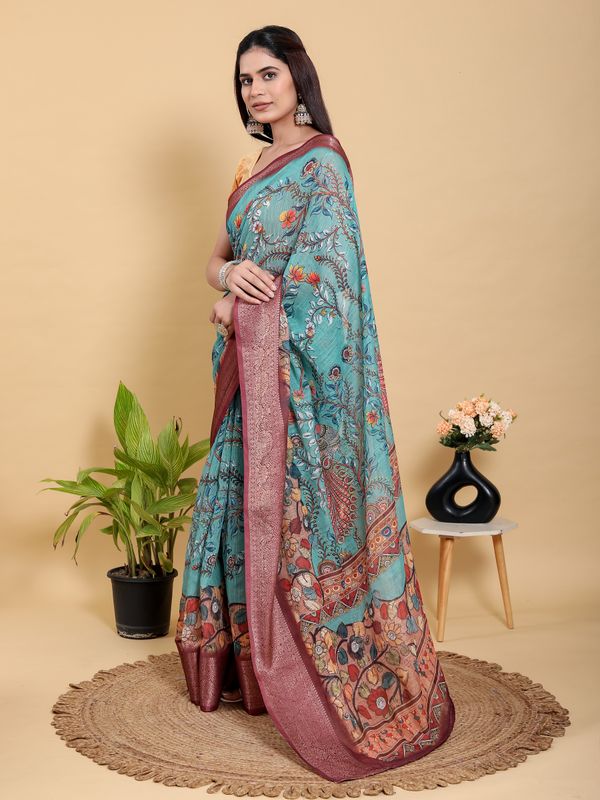 Teal Floral Linen Cotton Saree with Maroon Jacquard Border