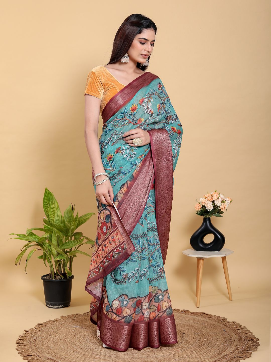 Teal Floral Linen Cotton Saree with Maroon Jacquard Border