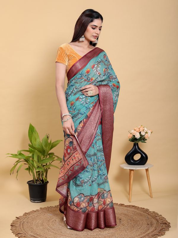 Teal Floral Linen Cotton Saree with Maroon Jacquard Border