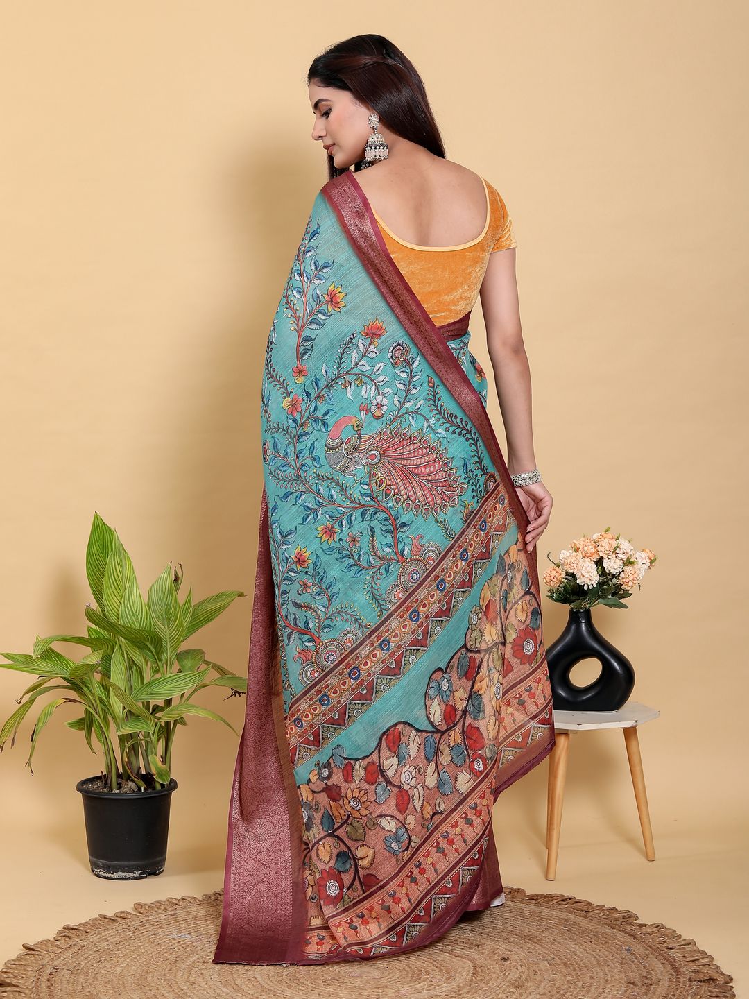 Teal Floral Linen Cotton Saree with Maroon Jacquard Border