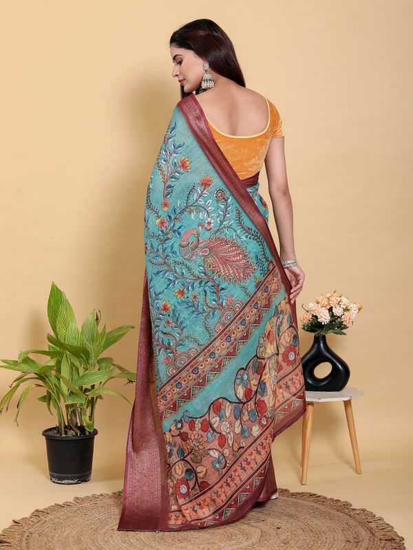 Teal Floral Linen Cotton Saree with Maroon Jacquard Border