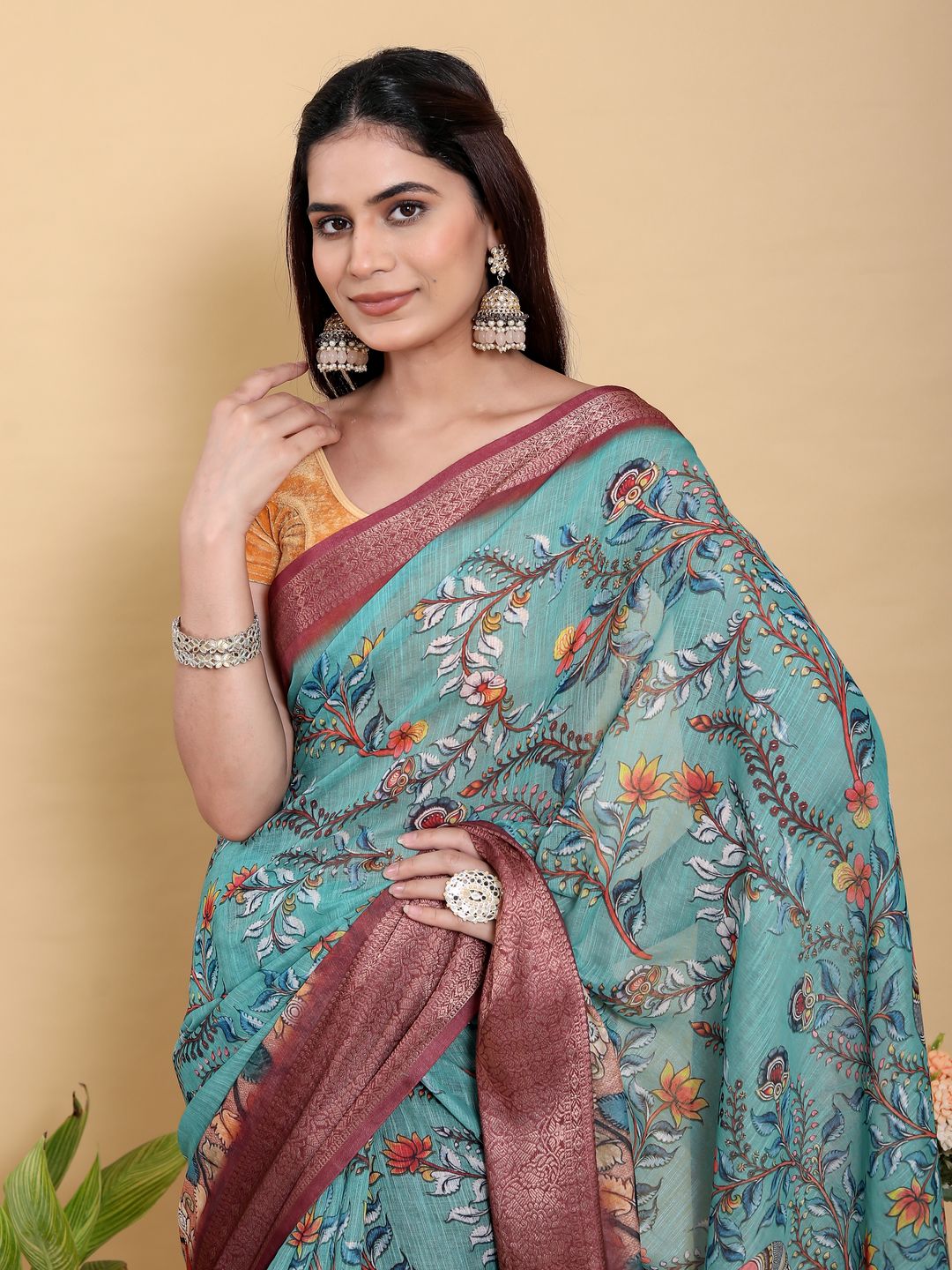 Teal Floral Linen Cotton Saree with Maroon Jacquard Border