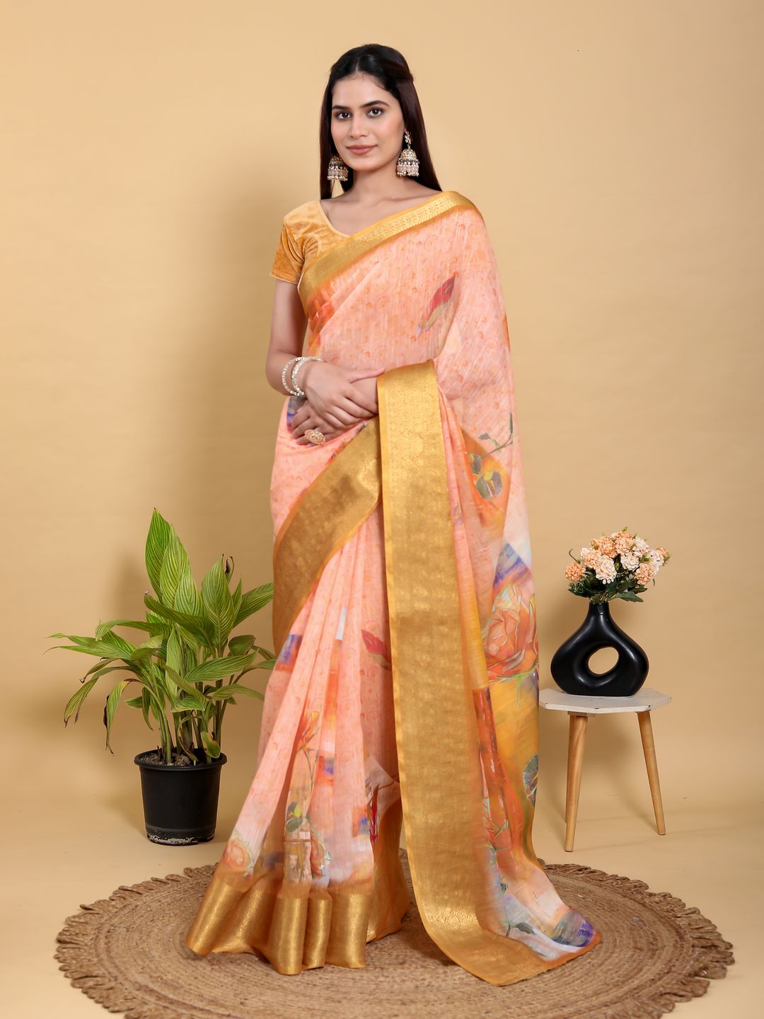 Peach Floral Linen Cotton Saree with Golden Jacquard Border