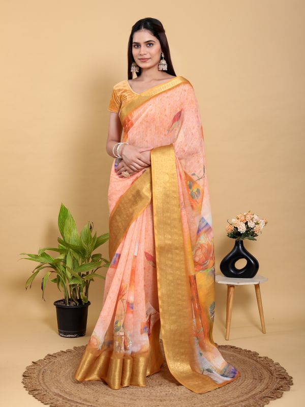 Peach Floral Linen Cotton Saree with Golden Jacquard Border