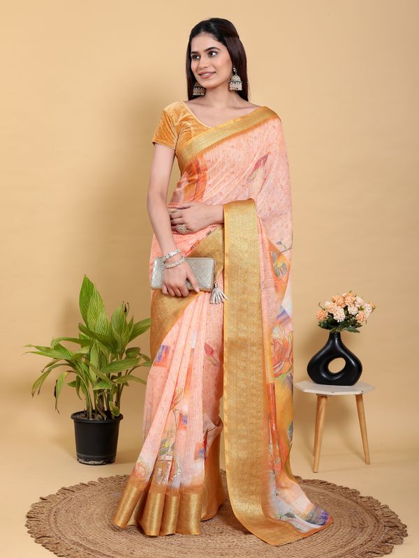 Peach Floral Linen Cotton Saree with Golden Jacquard Border