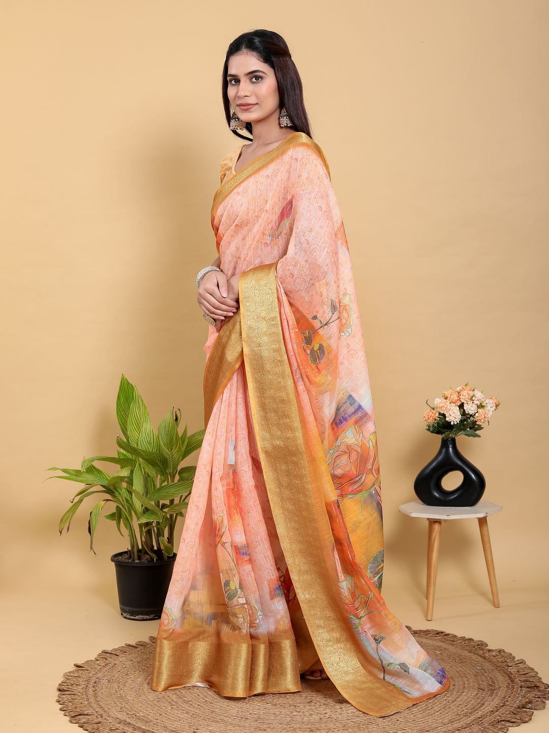 Peach Floral Linen Cotton Saree with Golden Jacquard Border