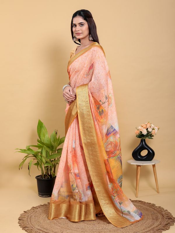 Peach Floral Linen Cotton Saree with Golden Jacquard Border