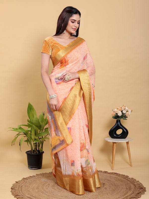 Peach Floral Linen Cotton Saree with Golden Jacquard Border