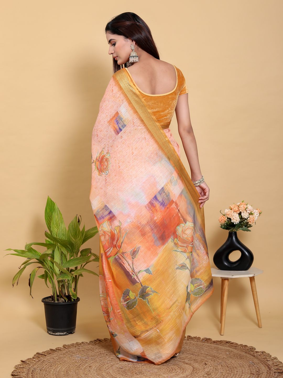 Peach Floral Linen Cotton Saree with Golden Jacquard Border