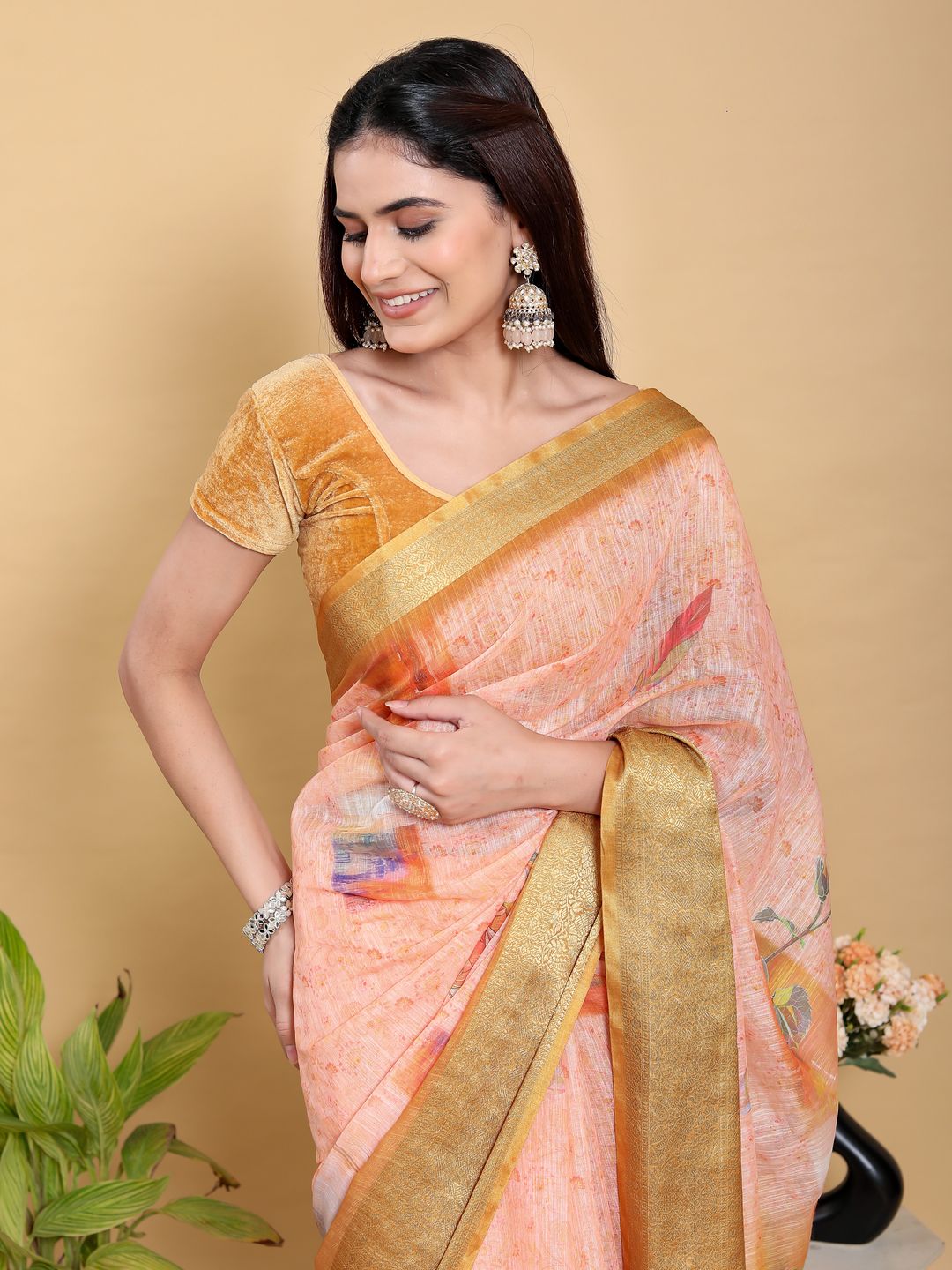 Peach Floral Linen Cotton Saree with Golden Jacquard Border