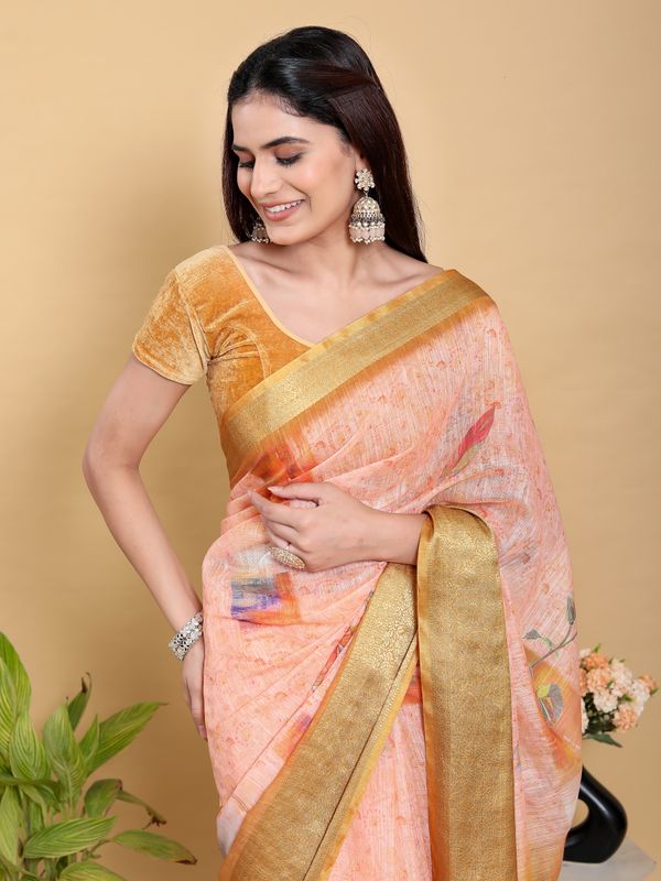 Peach Floral Linen Cotton Saree with Golden Jacquard Border