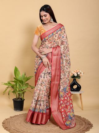 Peach Linen Cotton Saree with Floral Jacquard Border Design