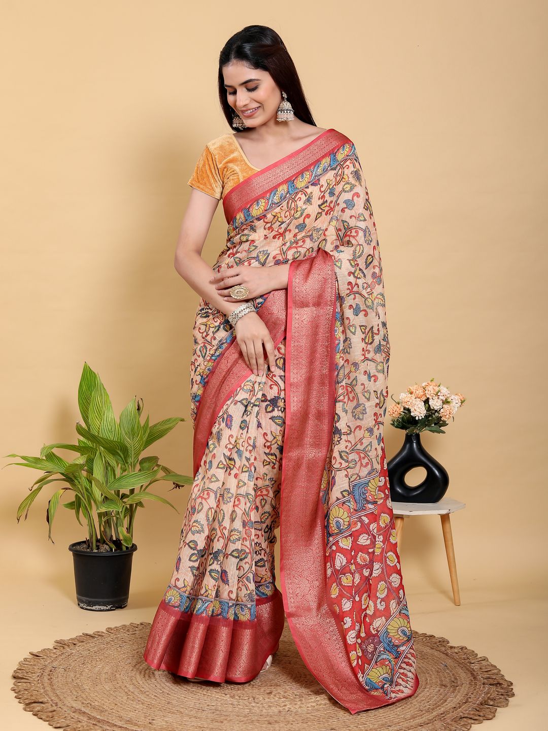 Peach Linen Cotton Saree with Floral Jacquard Border Design