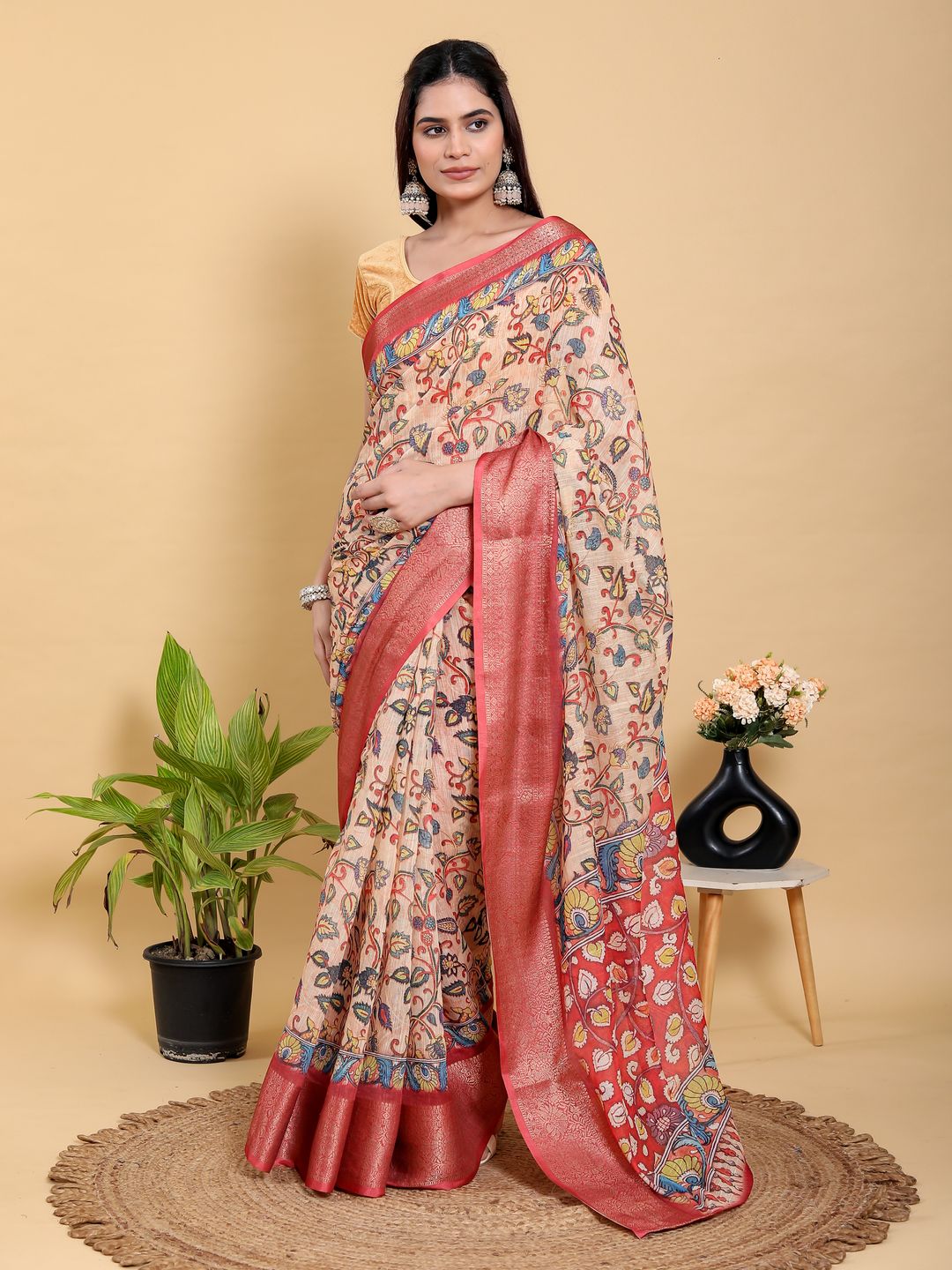 Peach Linen Cotton Saree with Floral Jacquard Border Design