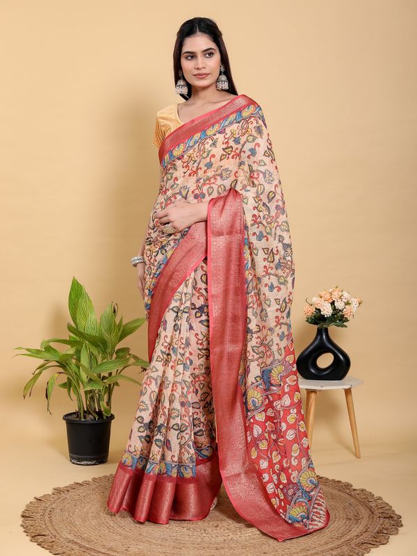 Peach Linen Cotton Saree with Floral Jacquard Border Design