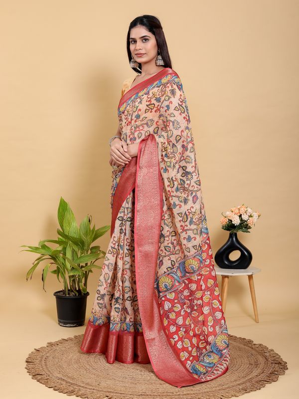 Peach Linen Cotton Saree with Floral Jacquard Border Design