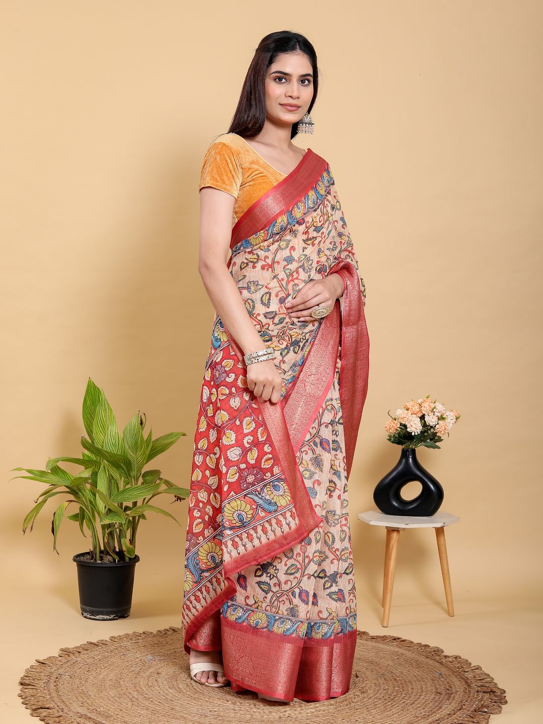 Peach Linen Cotton Saree with Floral Jacquard Border Design