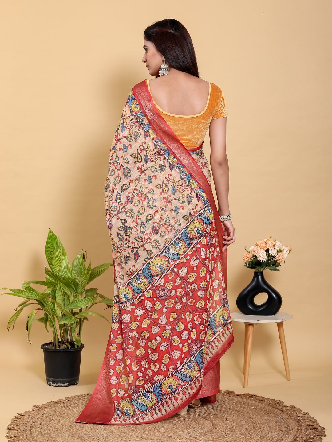 Peach Linen Cotton Saree with Floral Jacquard Border Design