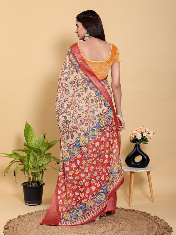 Peach Linen Cotton Saree with Floral Jacquard Border Design