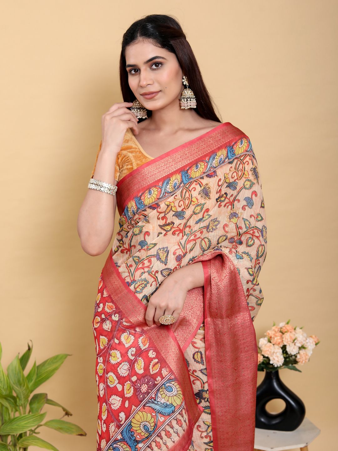 Peach Linen Cotton Saree with Floral Jacquard Border Design