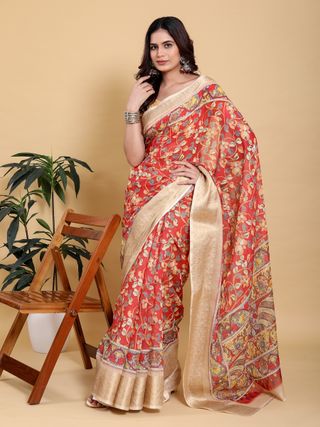 Coral Red Floral Linen Cotton Saree with Jacquard Border
