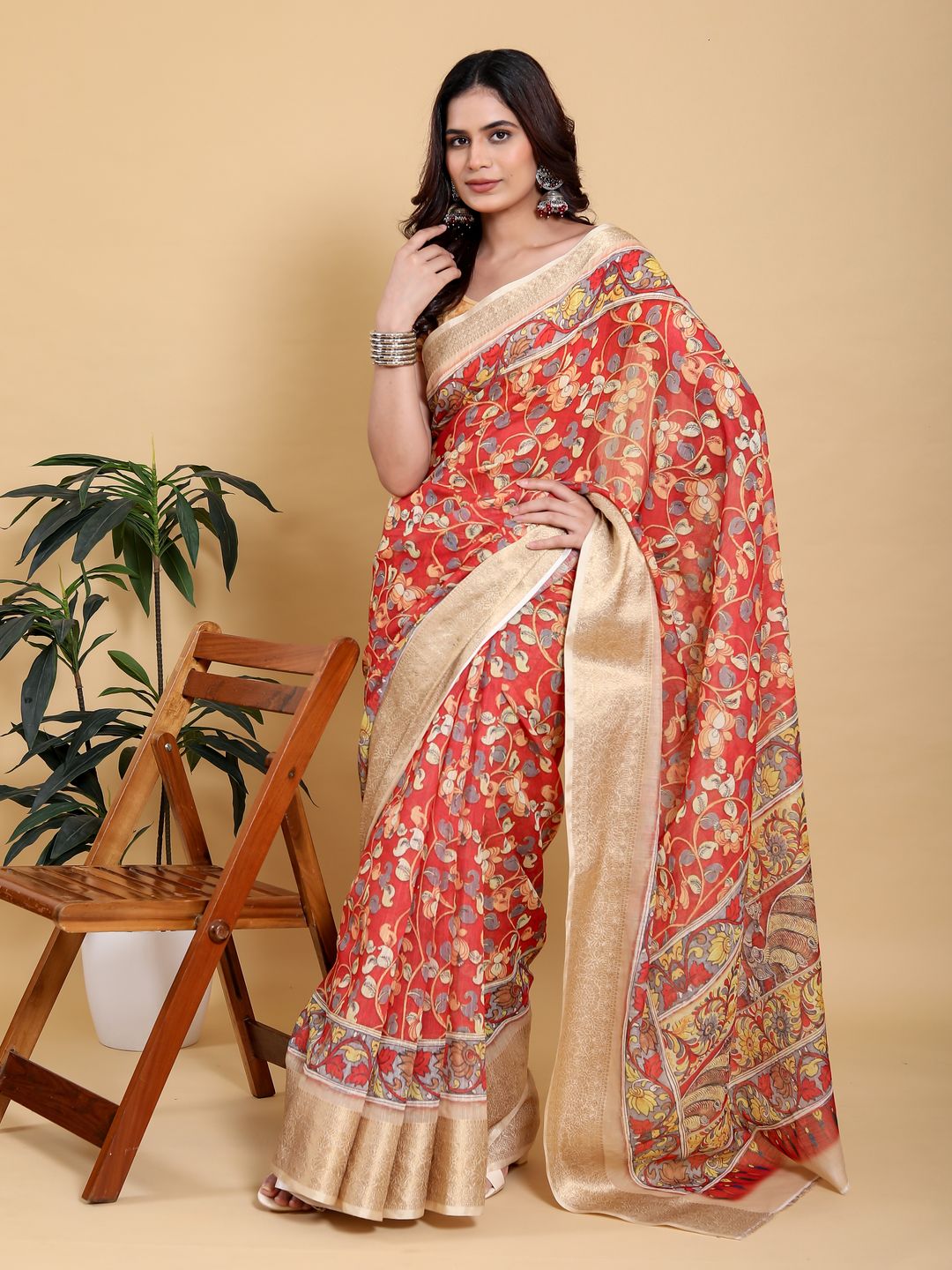 Coral Red Floral Linen Cotton Saree with Jacquard Border