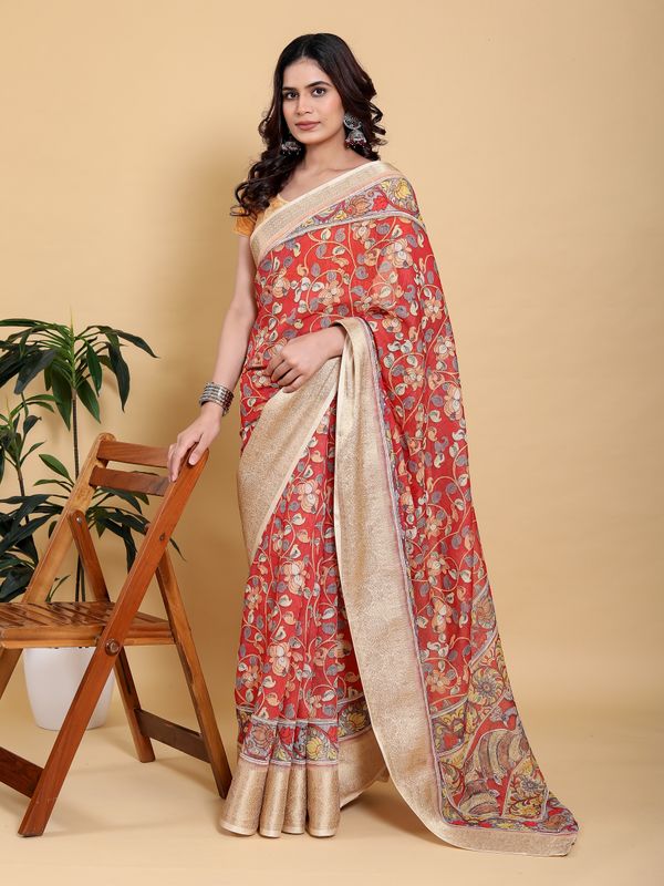 Coral Red Floral Linen Cotton Saree with Jacquard Border